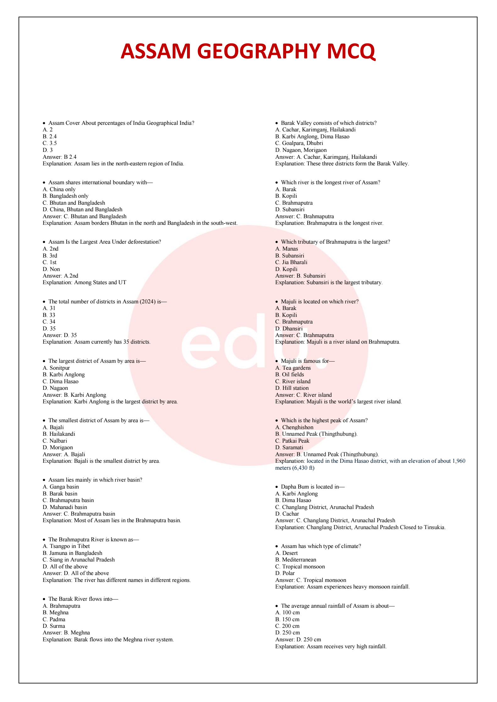 Assam Geography MCQ - Image 2
